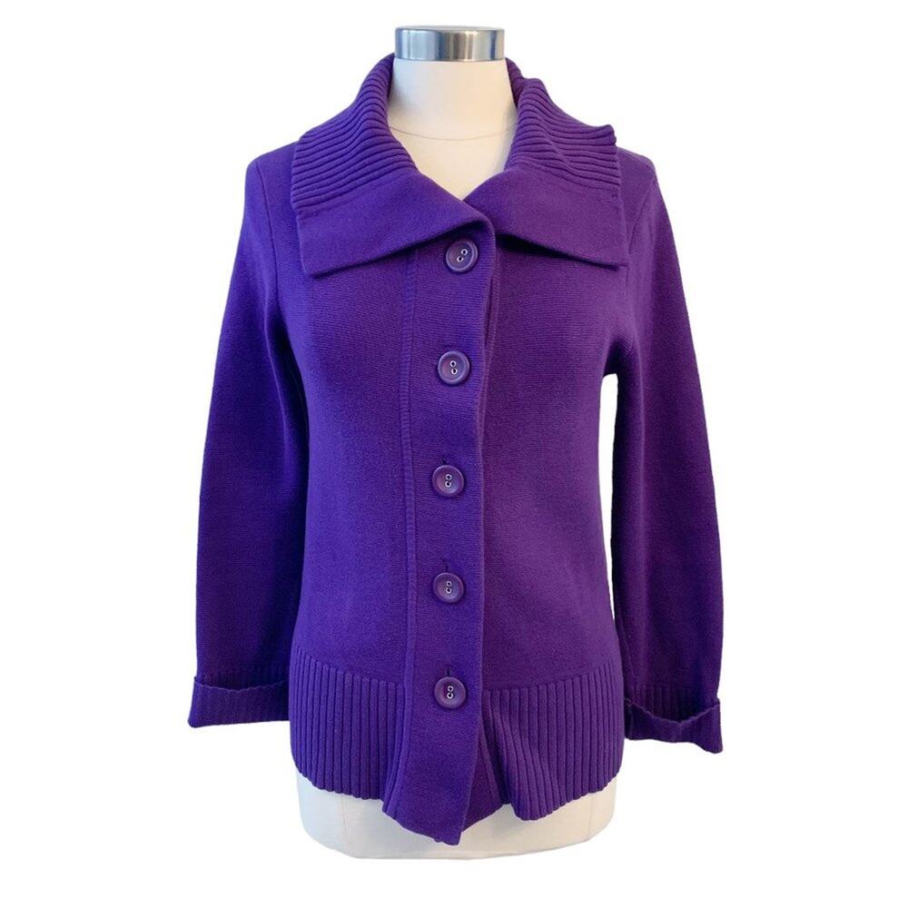 CHICO'S purple knit cotton collared cardigan sweater Size 1 Medium
